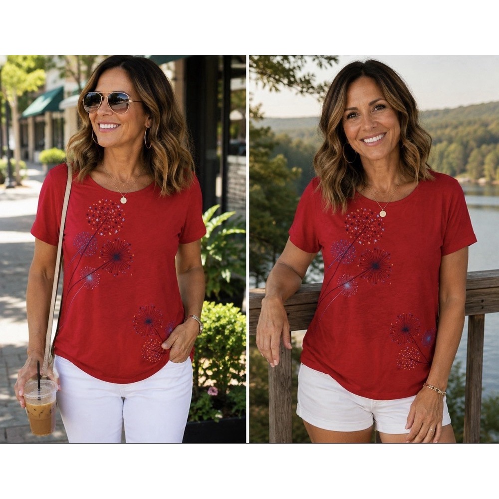 Patriotic Laura Scott Women Size 2XL Top Red Fireworks Rhinestones